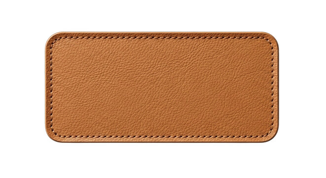 Close-up of stitched light brown leather patch showing detailed texture and craftsmanship in design.