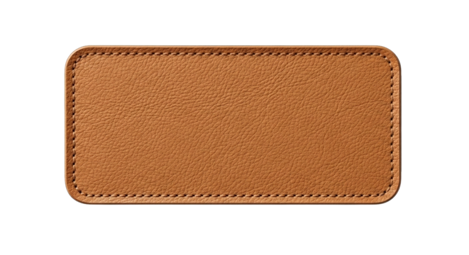 Close-up of stitched light brown leather patch showing detailed texture and craftsmanship in design.