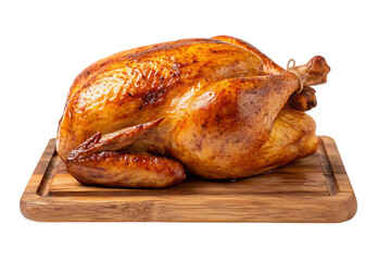Roasted chicken on wooden board, thanksgiving or christmas dinner on transparent background