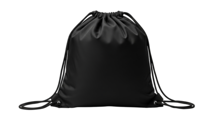 A minimalist black drawstring bag presents a somber mood using a basic promotional design style.