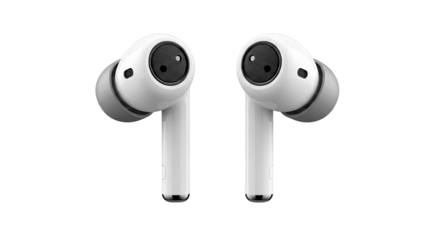 A pair of white wireless earbuds with gray ear tips are isolated, floating in the darkness.