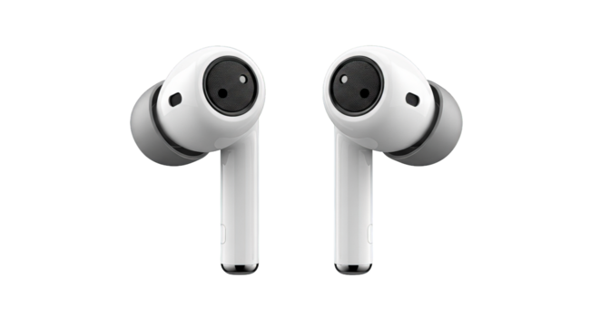 A pair of white wireless earbuds with gray ear tips are isolated, floating in the darkness.