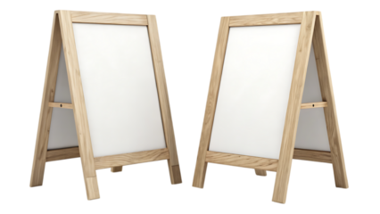 Two wooden a-frame chalkboards or menu boards on transparent background