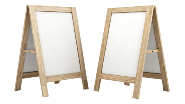 Two wooden a-frame chalkboards or menu boards on transparent background