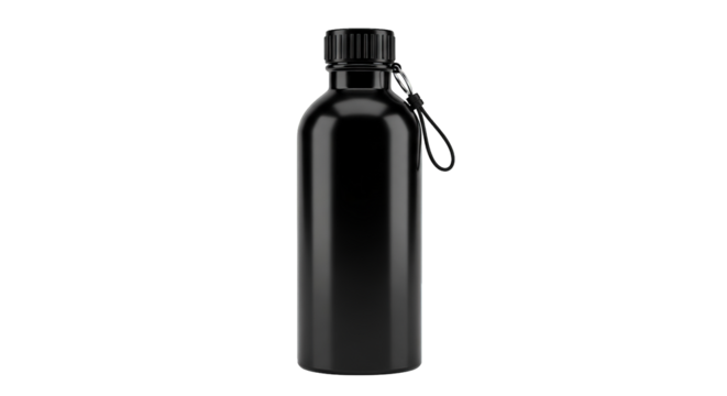 Sleek black reusable water bottle with textured cap and simple carry loop is digitally rendered.
