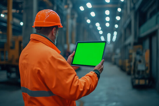 A worker dressed in bright orange safety gear interacts with a tablet in a spacious industrial warehouse, focused on monitoring operations - Powered by Adobe