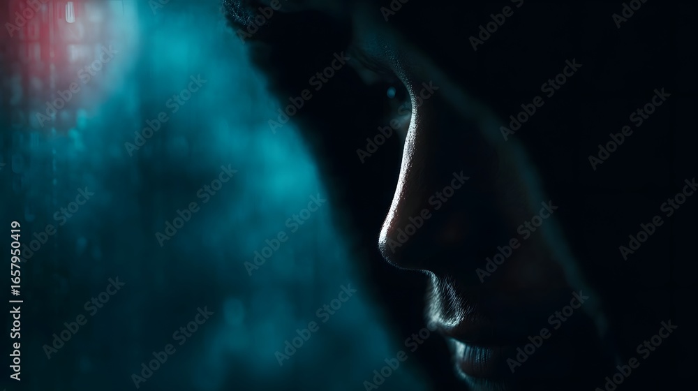 Poster hacker interface on abstract tech wall with digital lighting