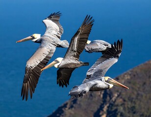 Obraz premium Three Brown Pelicans Soaring in Flight Over a Coastal Cliffside.