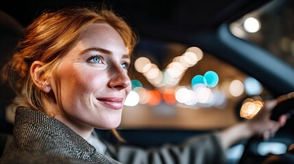 Fototapeta premium Close-up profile of a smiling woman driving her car at night in a city with bright lights and a vibrant atmosphere