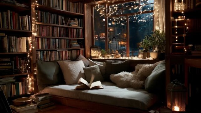 Cozy reading nook with bookshelves and a window with fairy lights at night