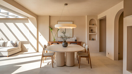 Sunlit dining room with modern oval table and chairs in neutral tones
