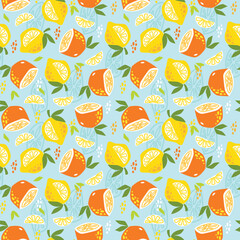 A seamless design of strawberries, bananas, oranges, and lemons, creating a lively fruit pattern on a neutral background.