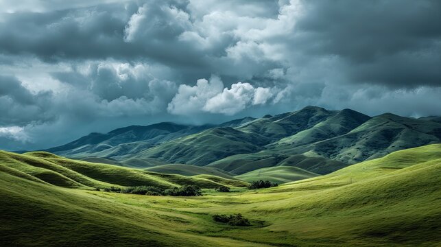 Dramatic rolling green hills under a moody, cloud-filled sky create a breathtaking natural landscape.