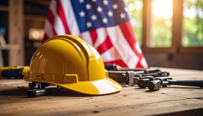 Labor Day Symbol: A composition celebrating Labor Day, showcasing a yellow hardhat resting alongside construction tools and an American flag in the background. A tribute to the hard work.