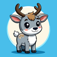 Obraz premium Adorable grey cartoon deer with big shiny eyes, brown antlers, and a sweet smiling face.