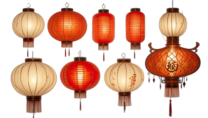 A collection of illuminated chinese lanterns hanging against a dark background creating a festive atmosphere