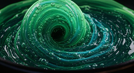 A green liquid vortex with visible bubbles