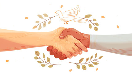 Two hands shaking with peace dove above for International Day of Human Fraternity, minimalist vector banner, isolated on white