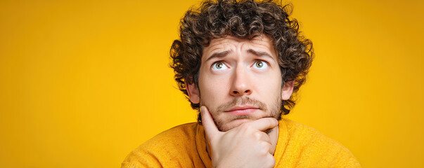 Young man with curly hair pondering against a bright yellow background, showcasing deep contemplation and curiosity