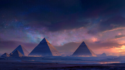 Pyramids shine under the magnificent milky way sky