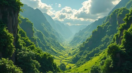 A Vast and Lush Green Valley Between Mountains