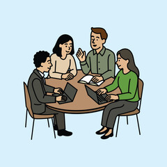 Four people discussing at a round table while using laptops and books, a productive teamwork meeting atmosphere.
