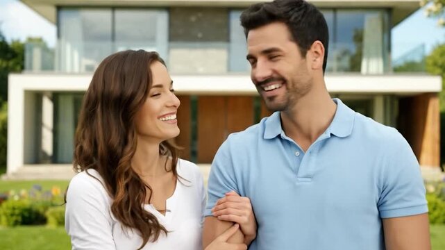 Couple propri&eacute;taire heureux tenant des cl&eacute;s