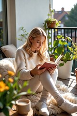 Obraz premium Serene 40-year-old Scandinavian woman with blonde hair completely engrossed in a book, enjoying a quiet, peaceful moment of leisure and relaxation.