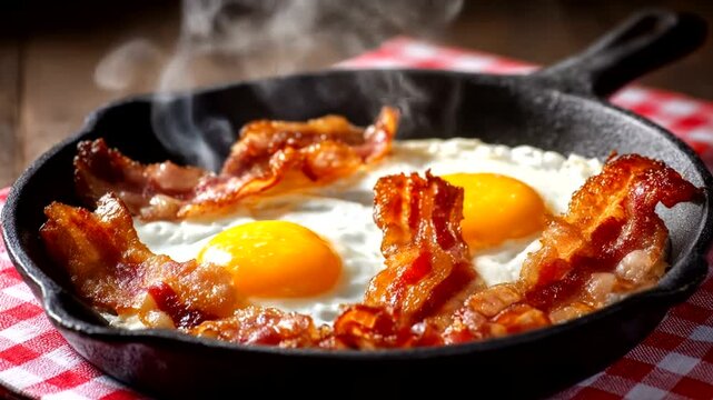 Crispy bacon and fried eggs sizzling in a cast iron skillet, a delicious morning meal.