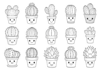 Cute kawaii cactus plant doodles sketch collection for coloring pages
