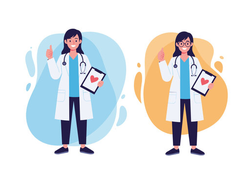 Two female doctors holding clipboard with heart symbol giving thumbs up