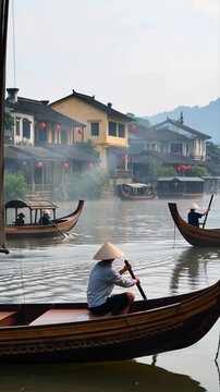 Embarcation traditionnelle naviguant sur une rivi&egrave;re asiatique