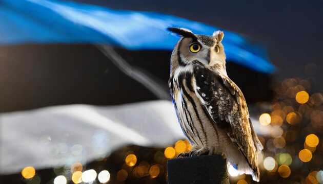 A realistic illustration of a majestic Eurasian eagle-owl perched at night, with the Estonian flag and city lights in the blurred background. AI generated content.