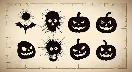 Spooky Halloween icons featuring grinning jack-o'-lanterns, creepy skulls with ink splatters, and a flying bat silhouette on aged parchment paper