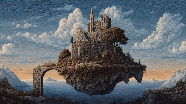 Majestic ancient castle perched atop a floating island amidst a surreal sky with clouds and water below - Powered by Adobe