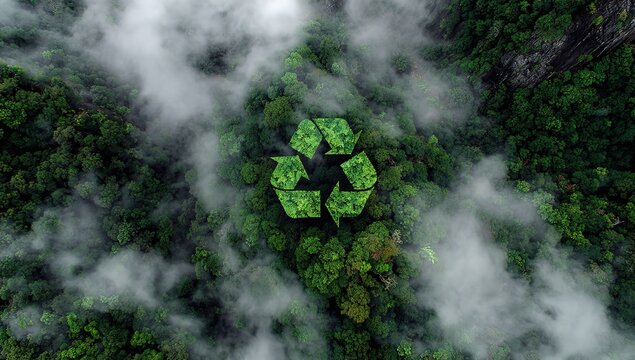 A green forest with the recycling symbol in its center, surrounded by misty clouds