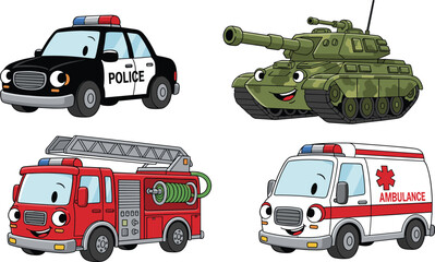 Cartoon emergency vehicles with faces, police car, fire truck, ambulance, tank illustration for kids, cute transport character design © Sopon Creatives