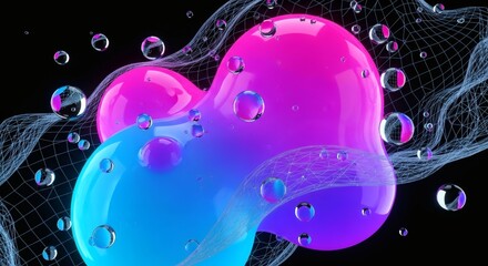 Abstract fluid art with pink blue and purple blobs and spheres