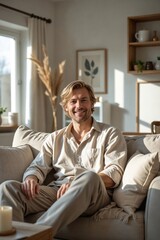 Obraz premium Contented 40-year-old Scandinavian man relaxing on a cozy, hygge-style sofa at home, embodying comfort and a serene lifestyle.