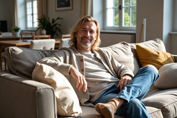 Obraz premium Handsome 40-year-old Scandinavian man epitomizing comfort and style as he relaxes on a deep, inviting sofa in a modern home.