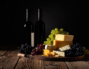 Trendy editorial food photography of wine, assorted cheeses and grapes on a rustic wooden stand