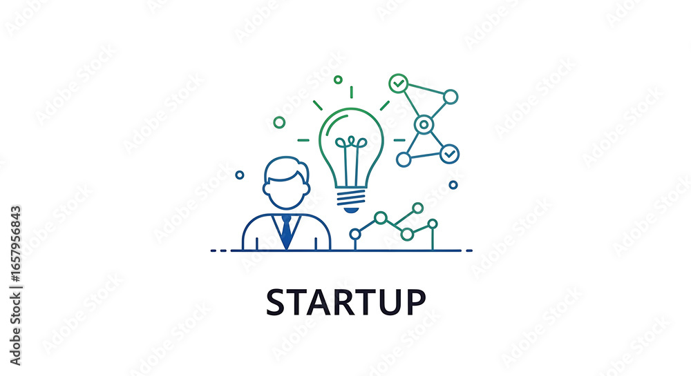Aufkleber illustration of a person with an idea lightbulb and connected nodes for startup concept design ai ge