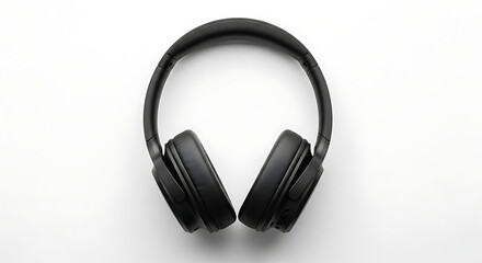 Fototapeta premium Overhead view of black wireless headphones on a white surface in a studio setting ai generated