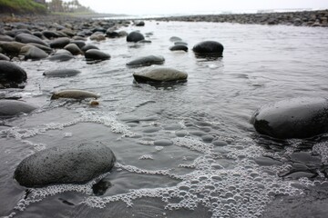 Obraz premium Calm, dark river stones, foamy water