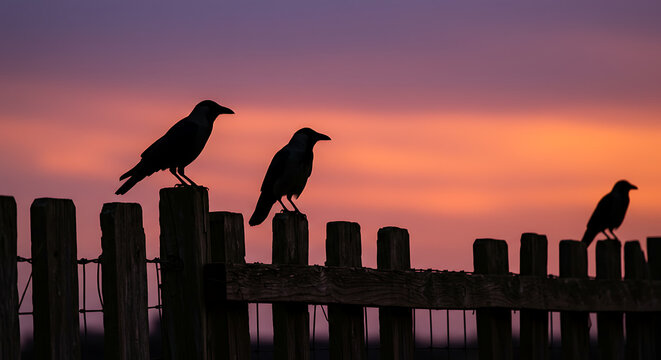 Crows Perched on Fence Silhouetted Against a Sunset Sky
