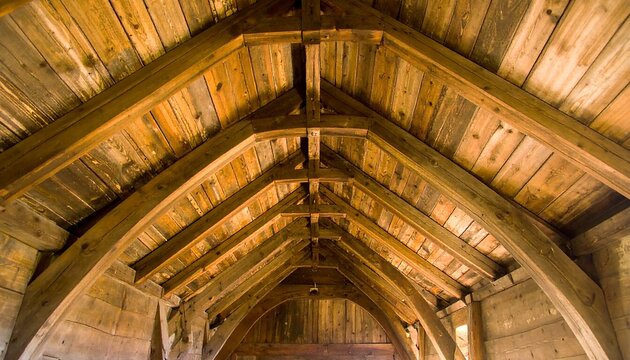 Intricate wooden ceiling beams form a symmetrical, vaulted pattern - Powered by Adobe