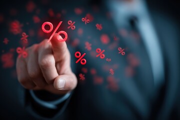 Man touching red mathematical symbols and per demonstrators, digital financial symbols floating in air