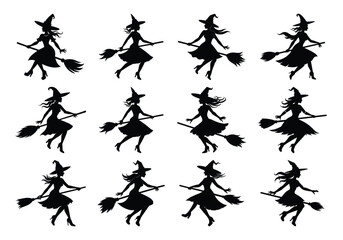 Silhouette Witches Flying on Brooms Pattern for Halloween Decorations and Designs