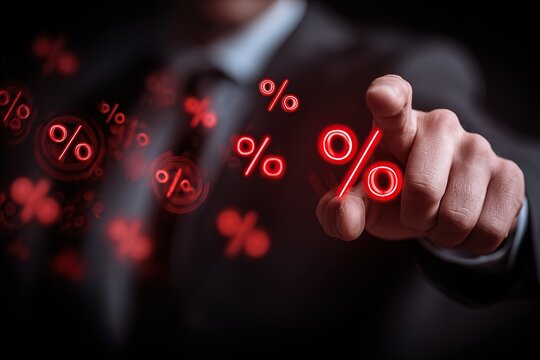 Man touching red mathematical symbols and per demonstrators, digital financial symbols floating in air - Powered by Adobe