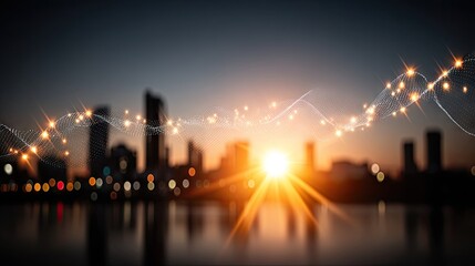 Abstract digital wave pattern overlays a cityscape at sunrise, creating a futuristic and dynamic image.